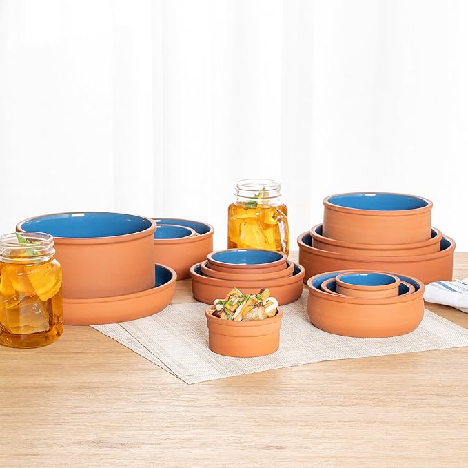 Restaurantware-Terra Tek 5.1 Ounce Terracotta Cazuelas, 2 Blue Glazed Clay Pots For Cooking - Oven-Ready, Microwavable, Terracotta Serving Pots, Dishwashable, For Cooking And Serving