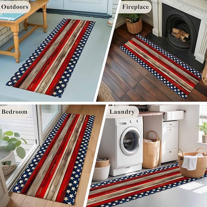 Runner Rug for Bedroom Hallway, Vintage Stripes and Stars Kitchen Runner Rugs Area Rug 2x6ft, Patriotic 250th Anniversary Washable Soft Floor Carpet for Entryway Stair
