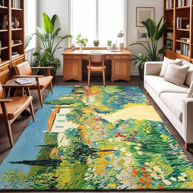 Area Rug 8x10ft, Pastoral Floral Pink Yellow Flower Green Leaves Washable Rugs for Living Room Bedroom, Farm Plants Soft Non-Slip Area Rugs Rectangle Floor Carpet for Dining Room