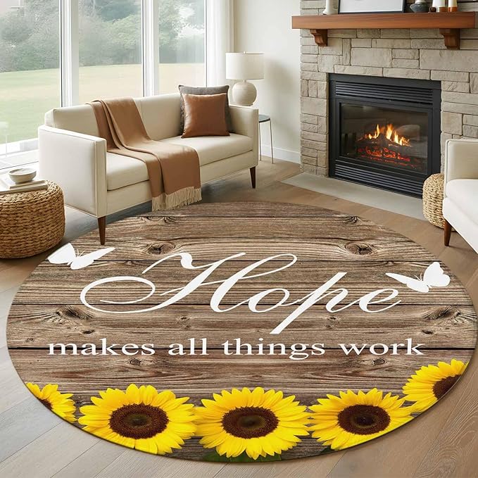 Washable Round Area Rug Farm Sunflower Positive Energy Quote Circle Rugs Floor Carpet for Living Room Bedroom, Retro Dark Brown Wood Grain Soft Non Slip Round Rug 5ft