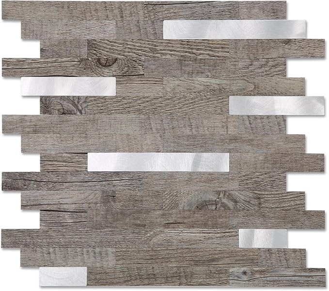 Yipscazo 10 Sheets Peel and Stick Stone Metal Tile Backsplash, Stick on Tiles for Backsplash Kitchen, Bathroom, Laundry Room, Camper, Fireplace (12'' X 12'', Gray Wood with Metal)