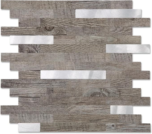 Yipscazo 5 Sheets Peel and Stick Stone Metal Tile Backsplash, Stick on Tiles for Backsplash Kitchen, Bathroom, Laundry Room, Camper, Fireplace (12'' X 12'', Gray Wood with Metal)