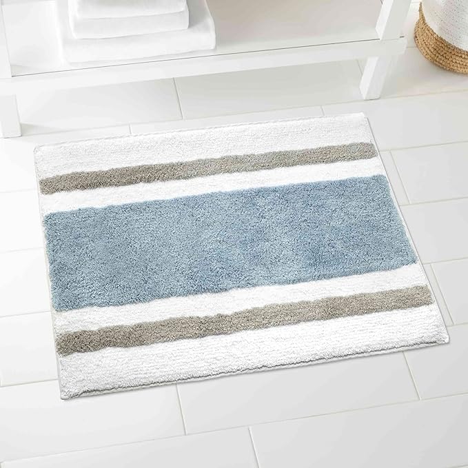 Izod - Bath Mat, Cotton Bath Rug with Non-Skid Latex Backing, Striped Bathroom Decor, Dorm Room Essentials (Clubhouse Blue, 20" x 32")
