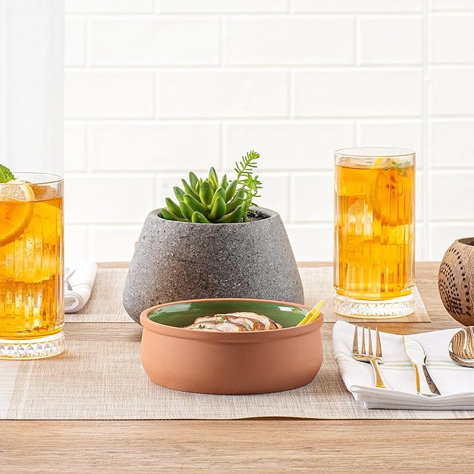 Restaurantware-Terra Tek 17 Ounce Terracotta Cazuelas, 2 Green Glazed Clay Pots For Cooking - Oven-Ready, Microwavable, Terracotta Serving Pots, Dishwashable, For Cooking And Serving