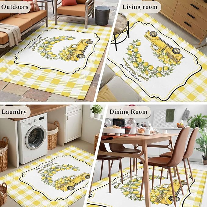Area Rug 3x5ft, Farm Yellow Truck Lemon Fruit Washable Rugs for Living Room Bedroom, Flower Leaves Buffalo Plaid Soft Non-Slip Area Rugs Rectangle Floor Carpet for Dining Room