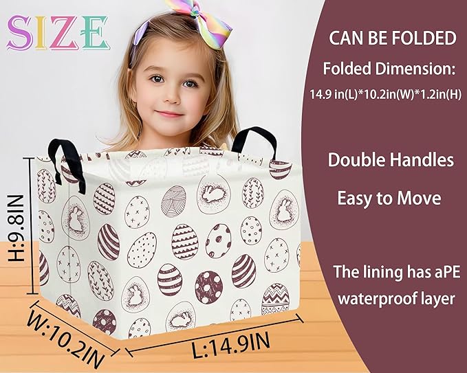 Large Rectangular Easter Baskets Empty Waterproof Boy Toy Box Foldable Kid's Gifts Storage Bin Spring Room Decor(Brown Egg)