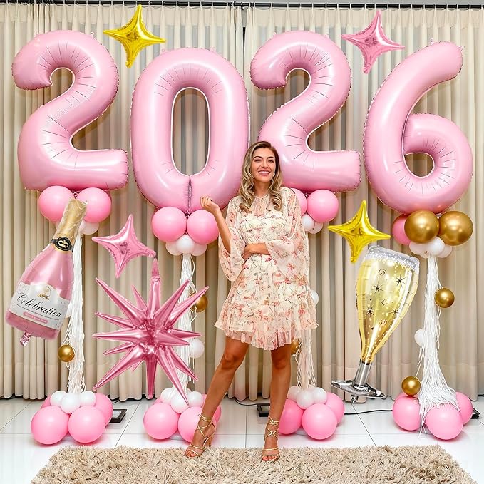 Pink 2026 Balloons, 40 Inch Number 2026 Pink Foil Balloons, Pink and Gold Star Balloon, Champagne Bottle Glass Balloon for Happy New Years Eve Party Supplies 2026 Class of 2026 Graduation Decorations