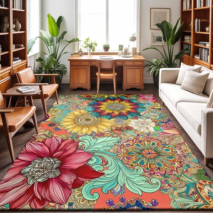 Area Rug 9x12ft, Boho Colorful Blossom Flower Washable Rugs for Living Room Bedroom Rectangle Floor Carpet, Country Retro Ethnic Floral Soft Non-Slip Area Rugs for Dining Room