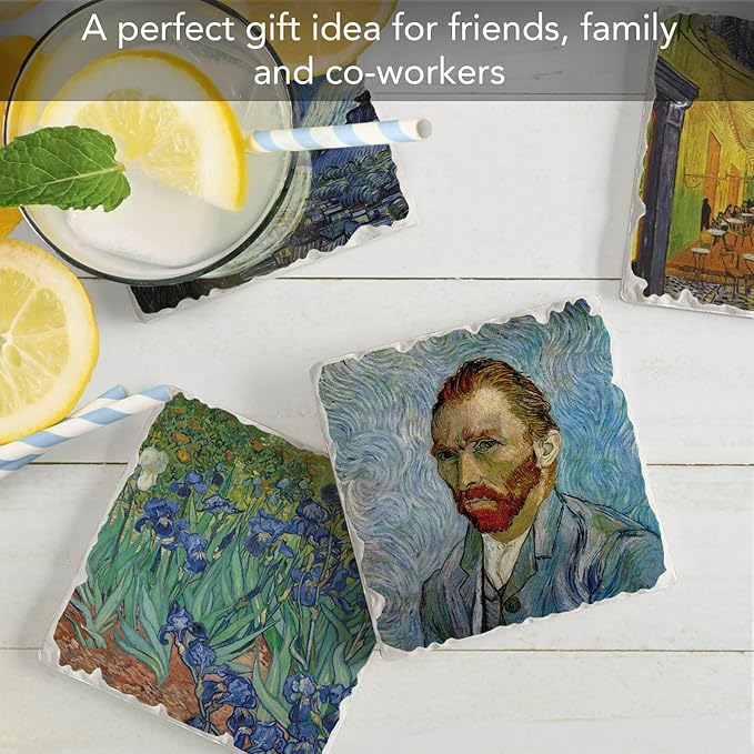 Thirstystone Van Gogh Classics 4 Pack Assorted Tumbled Tile Stone Coasters with Protective Cork Backing Manufactured in The USA Absorbent Easily Wipes Clean