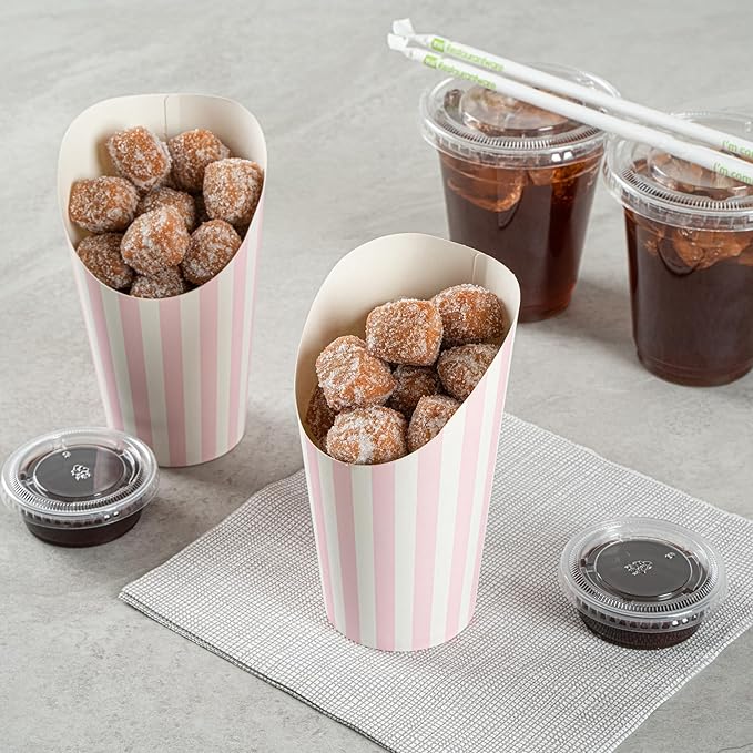 Bio Tek 16 Ounce French Fry Containers, 100 Disposable Charcuterie Cups - Incline Design, Round, Striped Paper French Fry Cups, Stackable, For Waffles, Chips, or Popcorn - Restaurantware