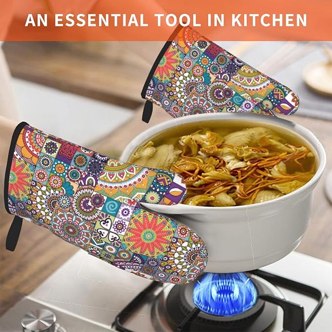 Boho Mandalas Oven Mitts of 2 Pack, Funny Kitchen Gloves Heat Resistant Non-Slip Kitchen Mitts for Cooking Baking Grilling