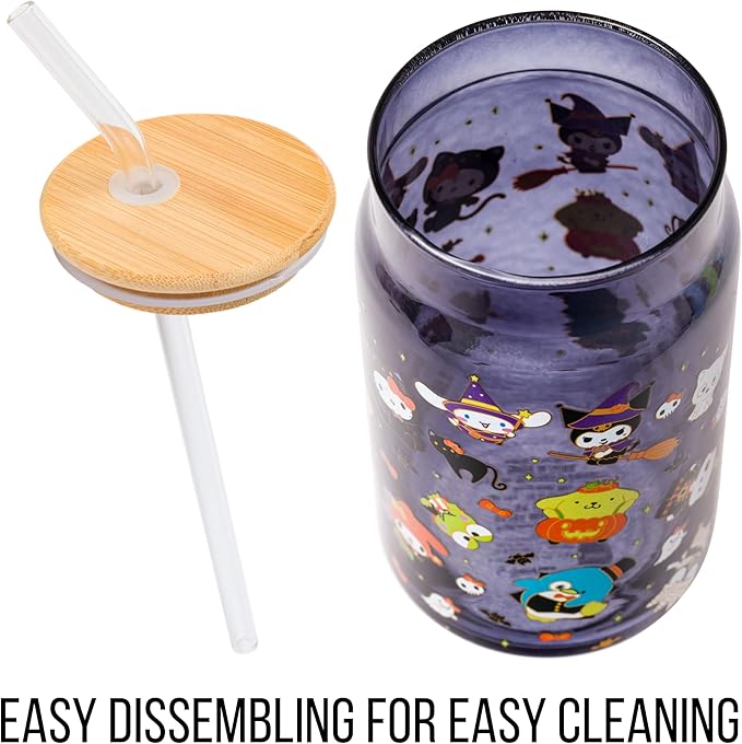 Silver Buffalo Sanrio Hello Kitty & Friends Halloween Kuromi, My Melody, Cinnamoroll, Chococat, Pompompurin, Keroppi, Tuxedo Sam, Badtz-Maru Glass Jar Tumbler w Bamboo Lid and Glass Straw, 16 Ounces