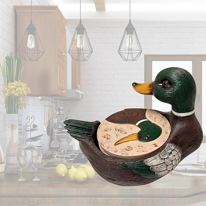 BestGiftEver Mallard Duck Coaster Set of 4 - Round Polyresin Bar Coasters for Drinks, Lakehouse-Themed Kitchen Bar Decoration, Pond and Lake Bird Waterfowl for Tabletop Protection