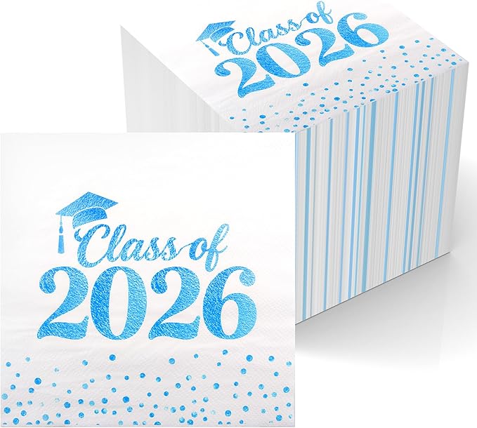 Graduation Napkins - Class of 2026 Napkins Disposable Paper Napkins Congrats Grad Cocktail Napkins Graduation Decorations 2026 Light Blue Napkins Hand Towels for Graduation Party Decorations 50 Pcs