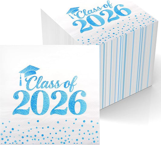 Graduation Napkins - Class of 2026 Napkins Disposable Paper Napkins Congrats Grad Cocktail Napkins Graduation Decorations 2026 Light Blue Napkins Hand Towels for Graduation Party Decorations 50 Pcs