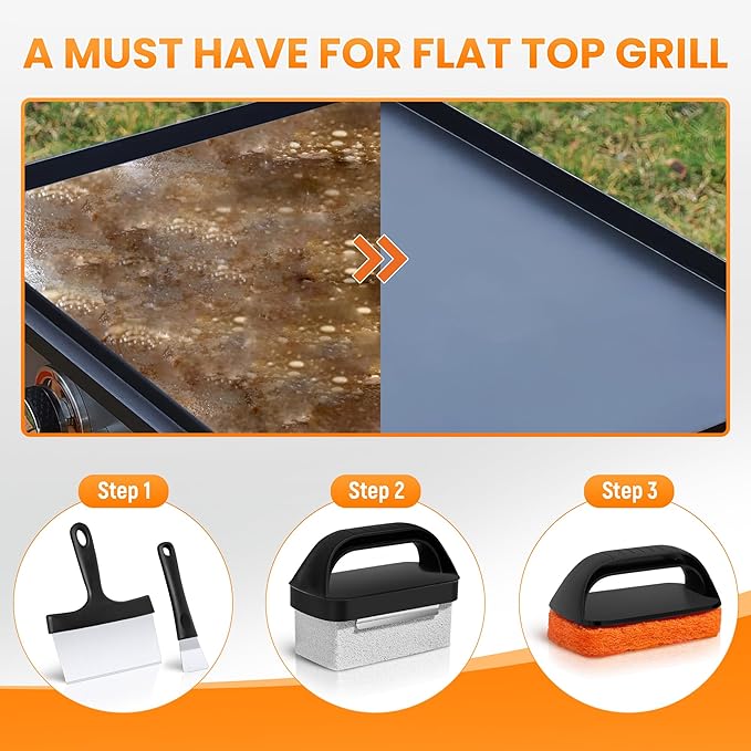 Griddle Cleaning Kit for Blackstone, Flat Top Grill Cleaning Kit with Griddle Scraper, Grill Brick, Scouring Pads & Ergonomic Handles to Remove Grease, Burnt Residue (11 PCS)