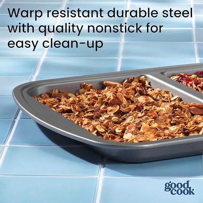 GoodCook Everyday Divided Sheet Pan 1-Inch Deep 2-Section Non-Stick Scratch-Resistant Carbon Steel Construction for Meal Prepping & Sheet Pan Dinners, 11x16-Inch, Gray