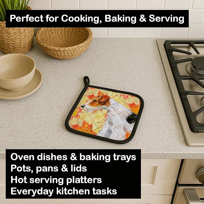 Caroline's Treasures BB9911PTHD Fox Terrier Fall Pair of Pot Holders, Yellow Kitchen Heat Resistant Pot Holders Sets Oven Hot Pads for Cooking Baking BBQ, 7 1/2 x 7 1/2