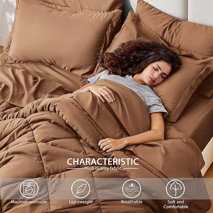 Love's cabin Queen Comforter Set Mocha Mousse, 7 Pieces Queen Bed in a Bag, All Season Bedding Sets with 1 Comforter, 1 Flat Sheet, 1 Fitted Sheet, 2 Pillowcase and 2 Pillow Sham | Soft, Breathable, Lightweight, Comfortable