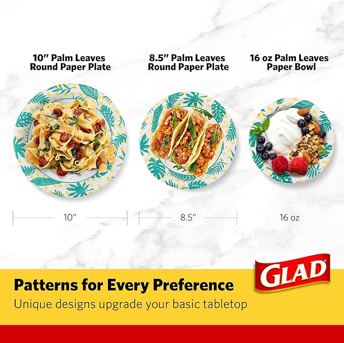 Glad Soak-Proof Palm Leaves Paper Bowls, Heavy-Duty Round Disposable Bowls for Soup, Salad and Snacks, Cut-Resistant and Microwave Safe for Daily Meals, Picnics and Parties, 16 Oz, 50 Count - 6 Pack