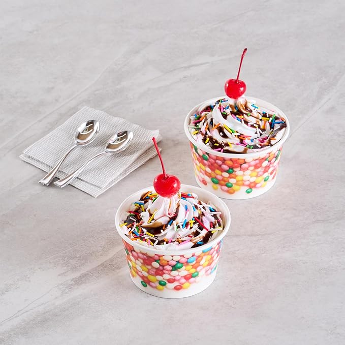 Coppetta 8 Ounce Dessert Cups, 50 Greaseproof Ice Cream Cups - Lids Sold Separately, For Hot And Cold Foods, White Paper Yogurt Bowls, Round Sprinkle Design, Disposable, Sturdy - Restaurantware