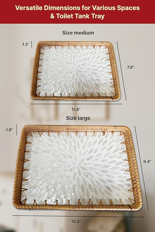 Rattan Rectangle Tray with Mother of Pearl Inlay, Unique Decorative and Serving Tray for Outdoor,Bathroom, Kitchen, Vanity, Perfume, or Coffee Table (Combo White 13"&11.8")