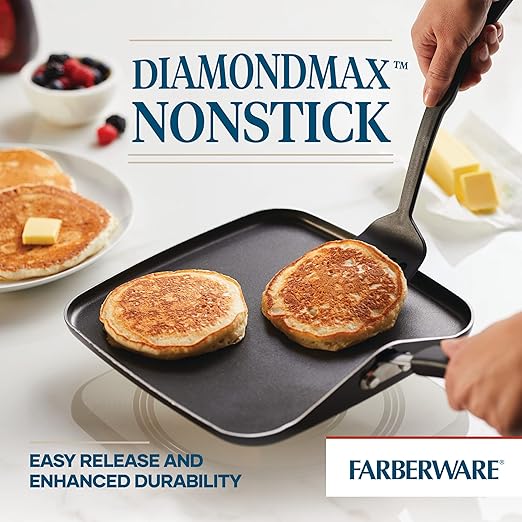 Farberware Cookstart DiamondMax Nonstick Square Grill Pan/Griddle, Dishwasher Safe, 11 Inch - Black