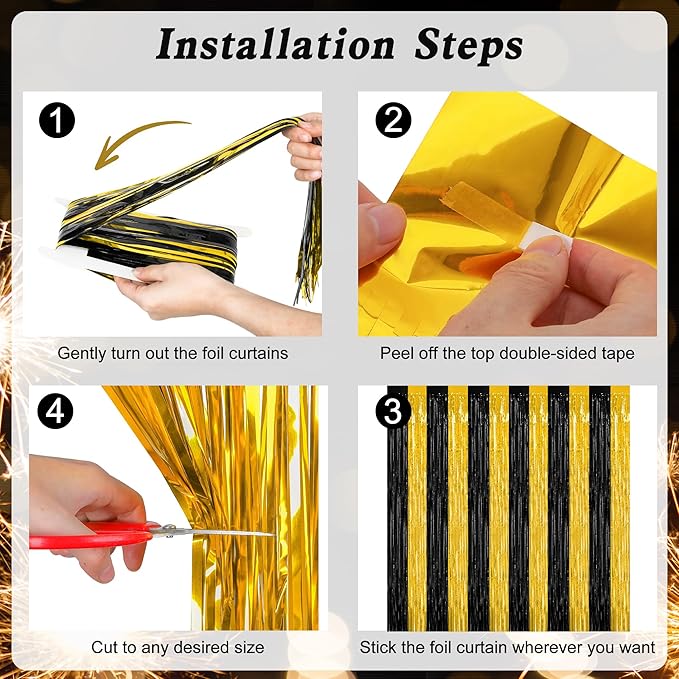 2 Pack Graduation Backdrop, 3.28 FT x 7.05 FT Black and Gold Foil Fringe Curtains, Metallic Foil Curtain Graduation Backdrop, Grad Party Supplies Black and Gold Party Decorations Class of 2026