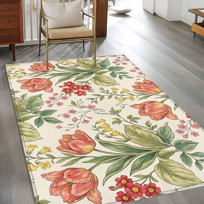 Area Rug 3x5ft, Vintage Tulips Red Daisies Washable Rugs for Living Room Bedroom, Yellow Blooms Floral Pattern Soft Non-Slip Area Rugs Rectangle Floor Carpet for Dining Room