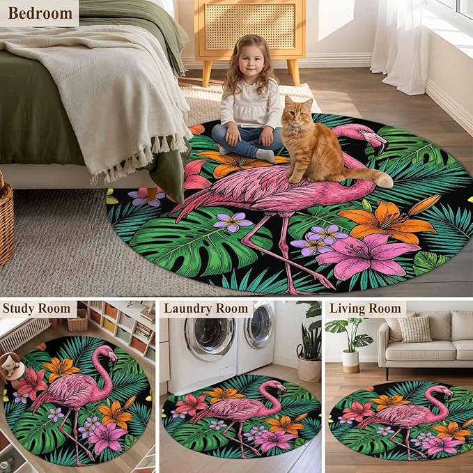 Washable Round Area Rug Pink Flamingos Tropical Leaf Circle Rugs Floor Carpet for Living Room Bedroom, Colorful Lily Blossom Floral Soft Non Slip Round Rug 5ft