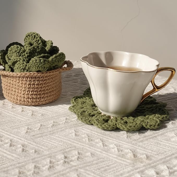 DICHA Crochet Leaf Pot Coasters-Container Beverage Coaster Sets with Holder Bar Coasters for Drinks Coffee Table Desk-Succulent Plant Pot Coaster-Set of 5