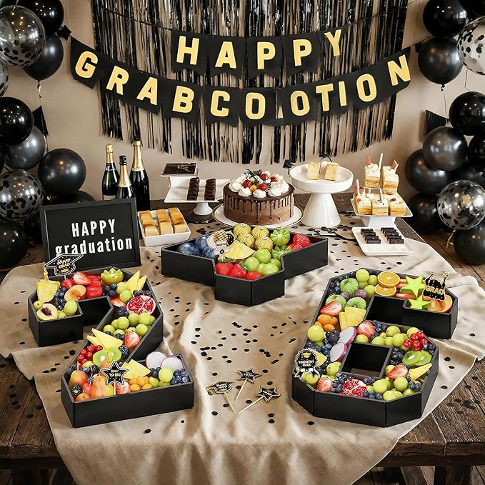 26 Fillable Number for Charcuterie with Grad Cap Shaped Cardboard Tray Black 2026 Graduation Party Decorations 13.8'' Pre-cut Board Storage Decorative Paper Mache Box College Grad Table Supplies