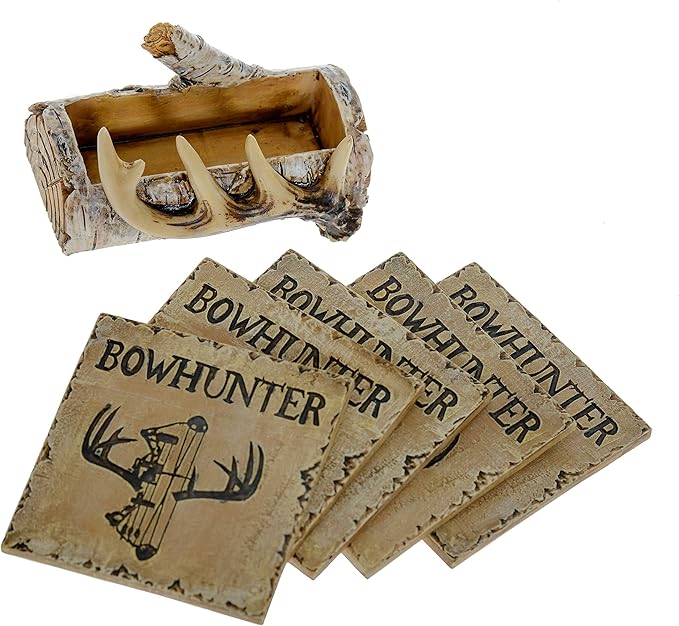 Pine Ridge Home Antler Wood Log Coaster Set with Holder - Bow Hunter Country Absorbent Coaster - Cabin Lodge Home Decor for Hunter Men - Man Cave Coasters Rustic Wood Decor Accent