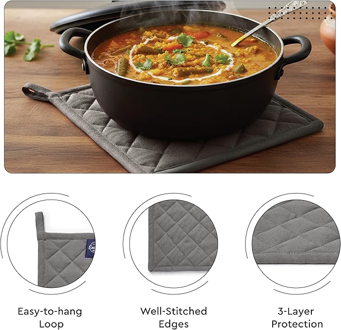 Encasa XO Heat Resistant 100% Cotton Oven Glove & Potholder Set with Loop, Kitchen Cooking Mittens, Microwave Safe Hot Pads (Grey)