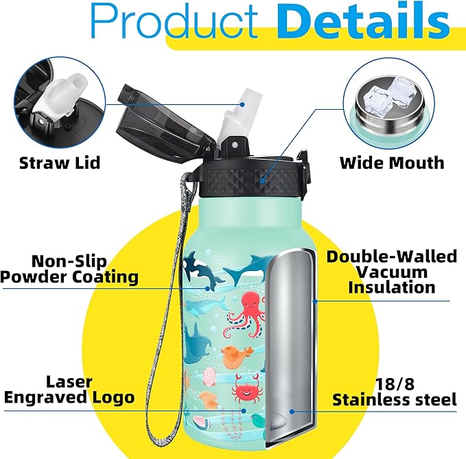 Han's Bottle Kids Water Bottle with Straw Lid - Insulated Stainless Steel Reusable Tumbler for Girls,Boys,Thermo Mug,12oz,Ocean Fish