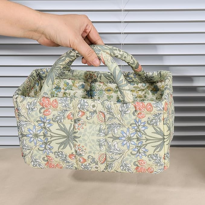 Quilted Fabric Storage Basket Floral Baby Diaper Caddy Quilted Basket for Nursery Bedroom Car Storage