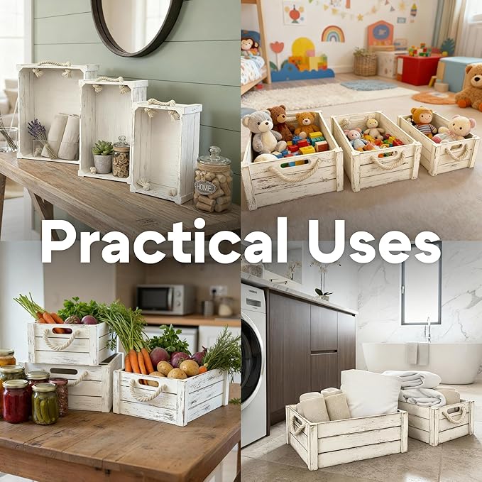 Set of 3 Rustic Nested Wooden Crates with Rope Handles - Decorative Farmhouse Storage Boxes for Kitchen, Living Room & Bathroom - Modern Wood Grain Home Organization