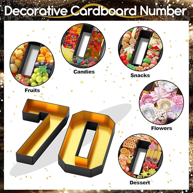 70 Cardboard Numbers for Charcuterie Fillable 13.8'' Black Gold Paper Mache Number Shaped Cupcake Pans Board Box Trays Container for Food Candy 70th Birthday Party Decorations Anniversary