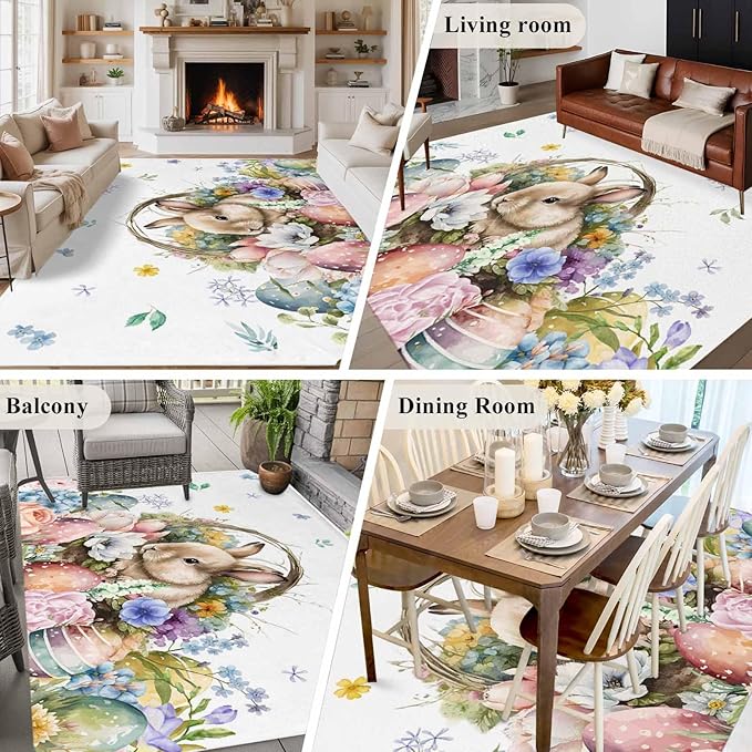 Area Rug 6x9ft, Easter Egg Spring Flower Cute Rabbit Washable Rugs for Living Room Bedroom, Blossom Floral on White Soft Non-Slip Area Rugs Rectangle Floor Carpet for Dining Room
