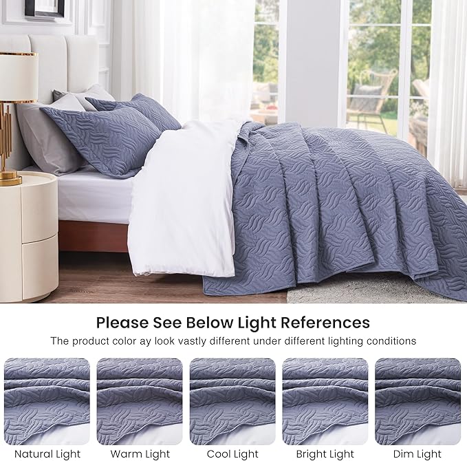 Love's cabin Twin Quilt Bedding Set Bluish Grey Bedspreads - Soft Bed Summer Lightweight Bedspread Comforter - Wave Pattern Bedding Coverlet for All Season - 2 Pieces (1 Quilt, 1 Pillow Sham)