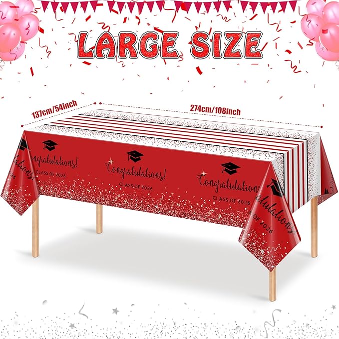 3 Pack Class of 2026 Graduation Tablecloths,Foil Dot Plastic Disposable Rectangle Table Covers for 2026 High School University College Graduation Party Decorations,108*54 Inch (Red and Black)