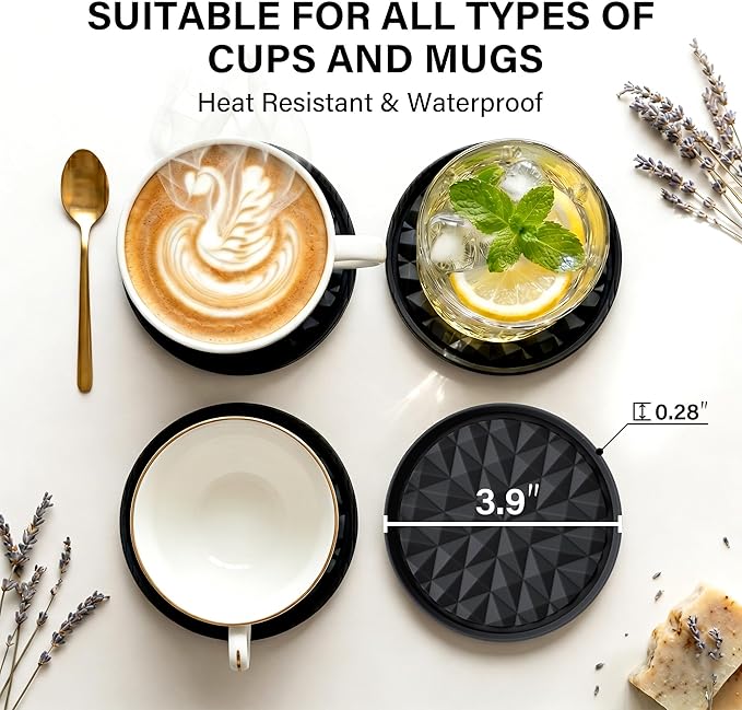 Silicone Coasters for Drinks[4 Pack]- Cup Mat for Tabletop Protection-Non-Slip, Non-Stick, Coffee Table Decor, Great Gift for Any Occasion, Black