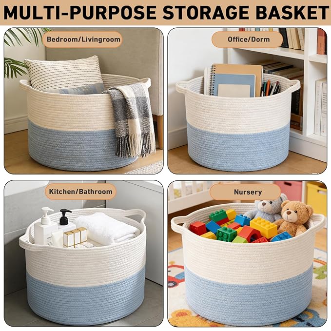 90L Large Blanket Basket,21.7"L x 21.7"W x 13.8"H Rope Woven Baskets with Handles, Toys Storage Bins,Laundry Basket Perfect for Living Room, Nursery,Bedroom,Home Organization,White&Blue