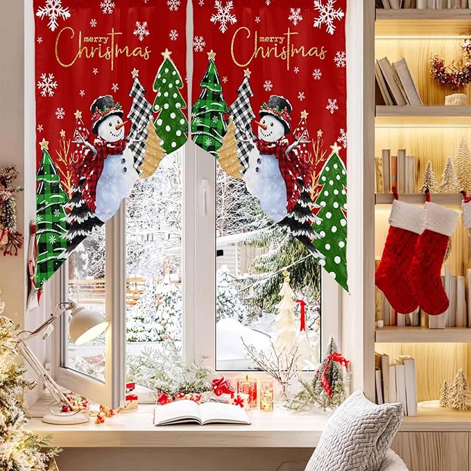 Merry Christmas Swag Valance Curains Snowflake Green Xmas Tree Snowman Red Rod Pocket Kitchen Curtains Scalloped Window Treatment Valances Swag for Living Room Bedroom, 1 Pair, 28"W x 36"L