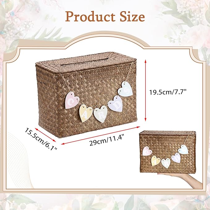 Hipiwe Wedding Card Basket Box Handwoven Wedding Favors Post Boxes with Lid Seagrass Receiving Box Wedding Card Boxes for Birthdays Graduation Ceremonies Party, Coffee Color