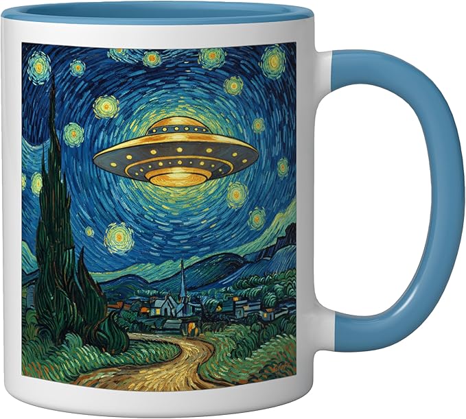 Ufo Over Starry Night Van Gogh Style Sci Fi Saucer Art Ceramic Mug, Blue/White