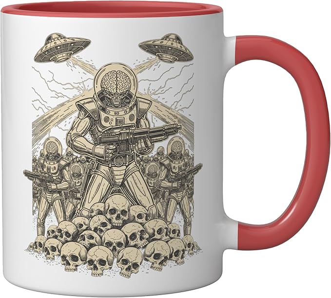 Alien Brain Soldier Retro Sci Fi Saucer Art Ceramic Mug, Red/White