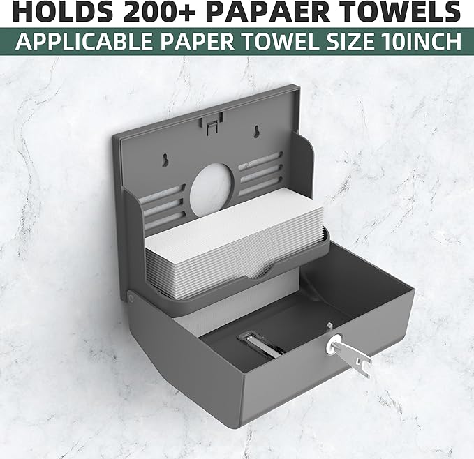 Paper Towel Dispenser Wall Mount Silver Upgraded Plastic Thickness for Universal 10” Multifold Trifold Z Fold Hand Towel Tissue Holder with Lock for Commercial Restroom Bathroom