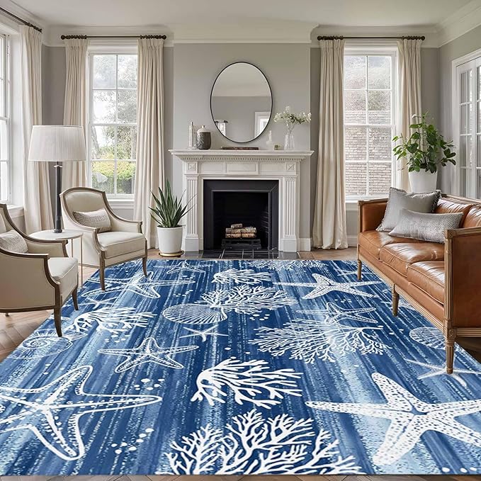 Navy Blue Coastal 5x7 Area Rugs, Ocean Coral Starfish Non-Skid Rubber Backing Large Rectangle Rugs - Living Room Bedroom Home Office, Summer Beach Indoor Floor Mat Carpets Washable Rug