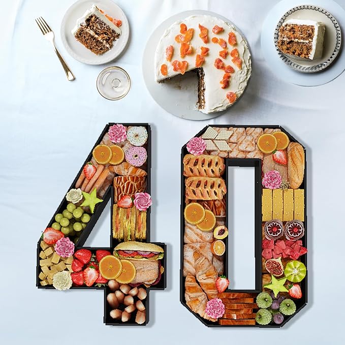40 Cardboard Numbers for Charcuterie Numbers Fillable 13.8'' Black Paper Mache Number Shaped Cupcake Pans Board Box Trays Container for Food Candy 40th Birthday Party Decorations Anniversary
